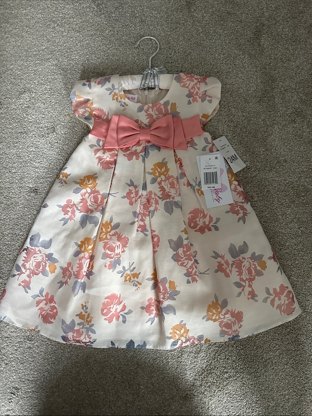 Bonnie Baby Cream Floral Dress with Pink Bow